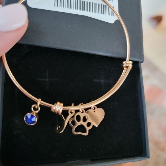Paw print initial Y heart golden color bangle bracelet‎ adjustable gift new dog - Picture 2 of 2